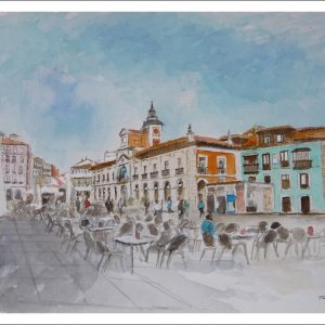 Acuarela de la plaza del Ayuntamiento de Avilés pintada por Rubén de Luis