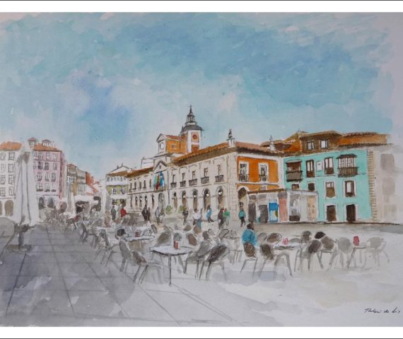 Acuarela de la plaza del Ayuntamiento de Avilés pintada por Rubén de Luis