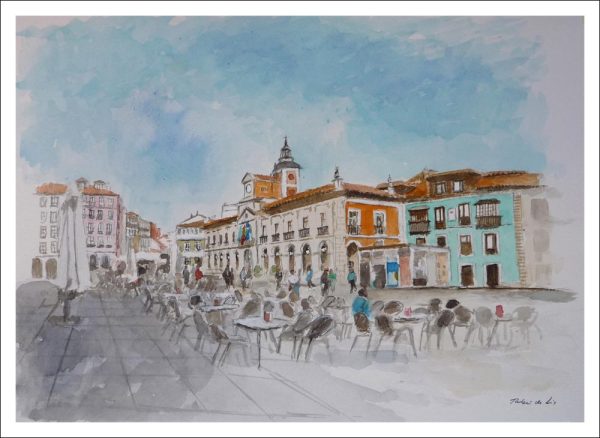 Acuarela de la plaza del Ayuntamiento de Avilés pintada por Rubén de Luis