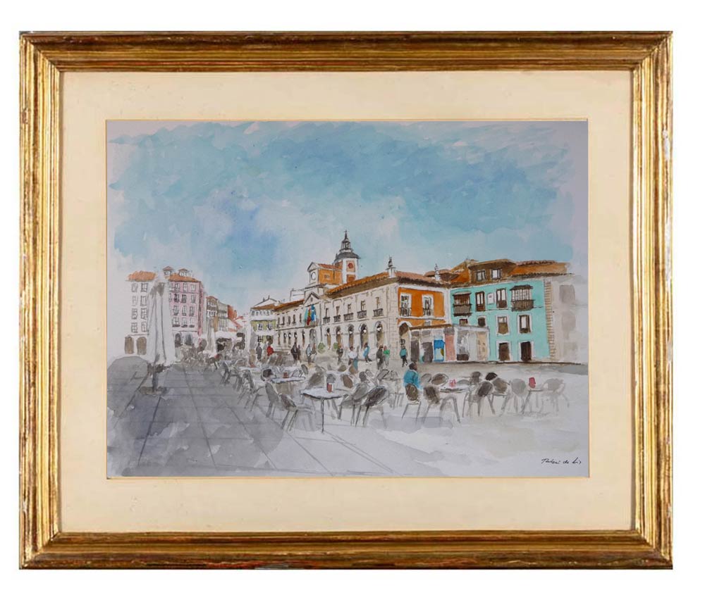 Cuadro en acuarela de la plaza del Ayuntamiento de Avilés