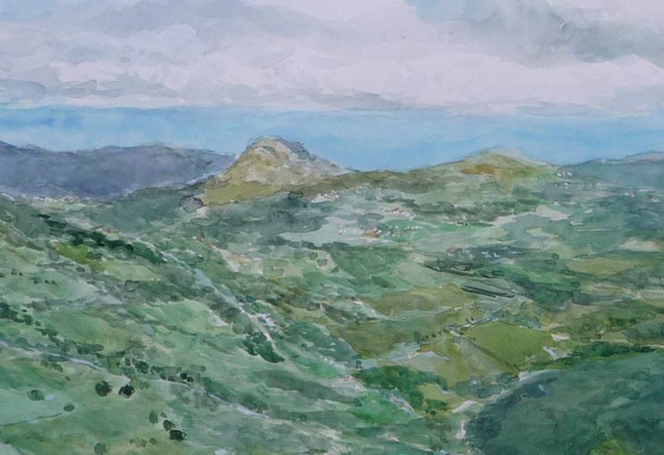 Detalle en acuarela del puerto de los Tornos en Cantabria del pintor Rubén de Luis