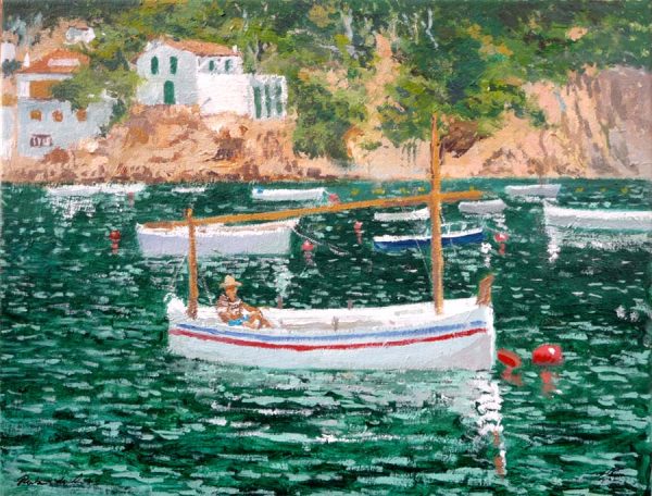 Cuadro al oleo de la Cala Montjoi en Roses, Girona , pintado por el artista Rubén de Luis