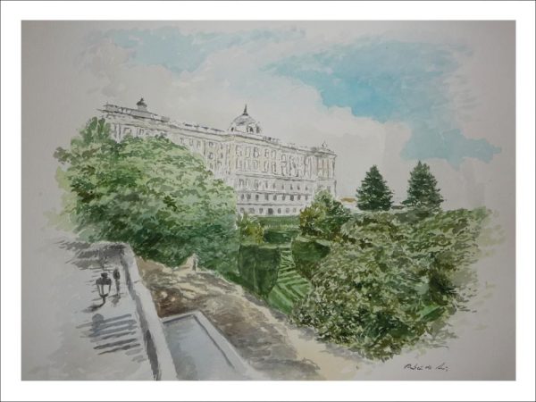 Cuadro en acuarela de los jardines de Sabatini en Madrid.