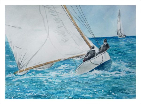 Cuadro en acuarela de un velero en una regata pintado por Rubén de Luis