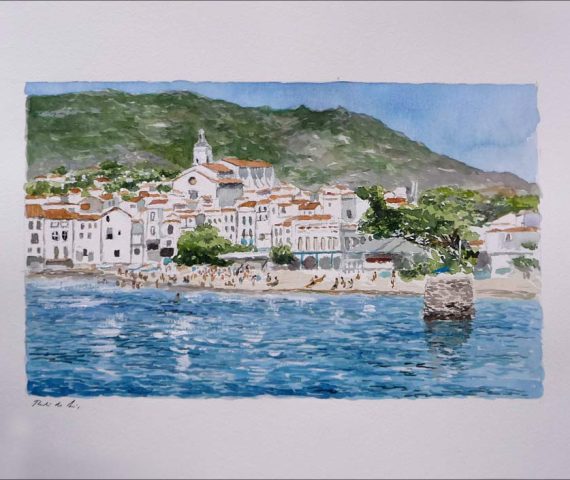 Acuarela de un paisaje de Cadaqués del pintos Rubén de Luis