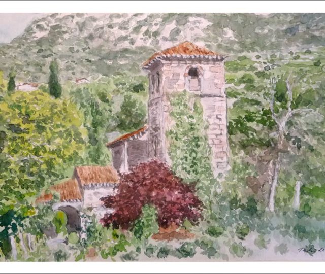 Acuarela de Santa María de Lebeña en Cantabria pintada por Rubén de Luis