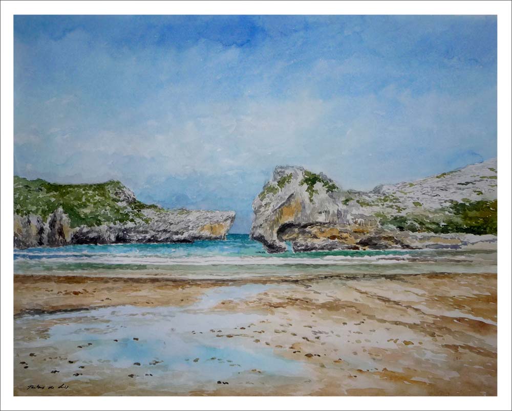 Acuarela de la playa de Cuevas del Mar, Asturias