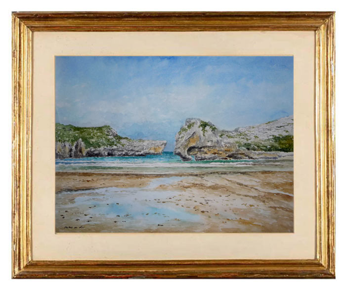 Cuadro en acuarela de la playa de Cuevas del Mar, Asturias