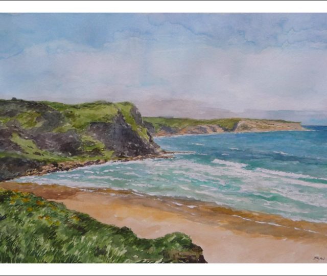 Acuarela de la Playa de los Locos en Suances, Cantabria realizada por el pintor Rubén de Luis