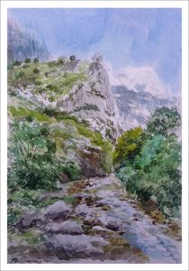 Acuarela de un desfiladero en los Picos de Europa