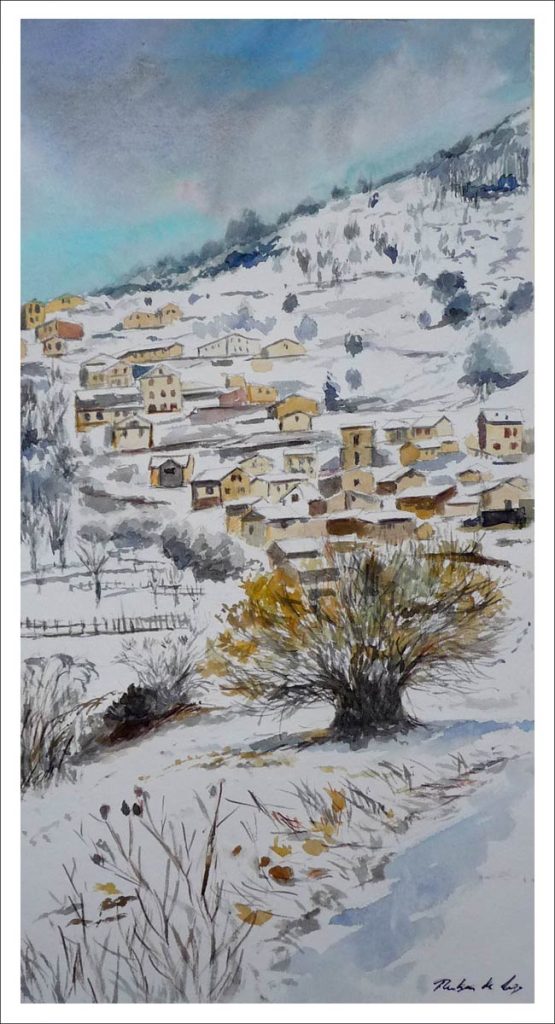 Acuarela de un paisaje de Tresviso en Cantabria del pintor Rubén de Luis
