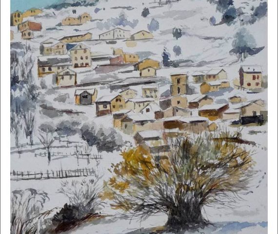 Acuarela de un paisaje de Tresviso en Cantabria del pintor Rubén de Luis