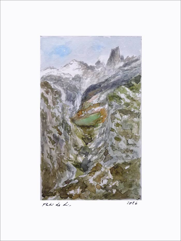 Un paisaje de los Picos de Europa con el Naranjo de Bulnes o Pico Urriellu al fondo. Una obra pintada por el artista Rubén de Luis