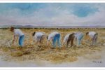Acuarela de unos segadores realizada por el pintor Rubén de Luis