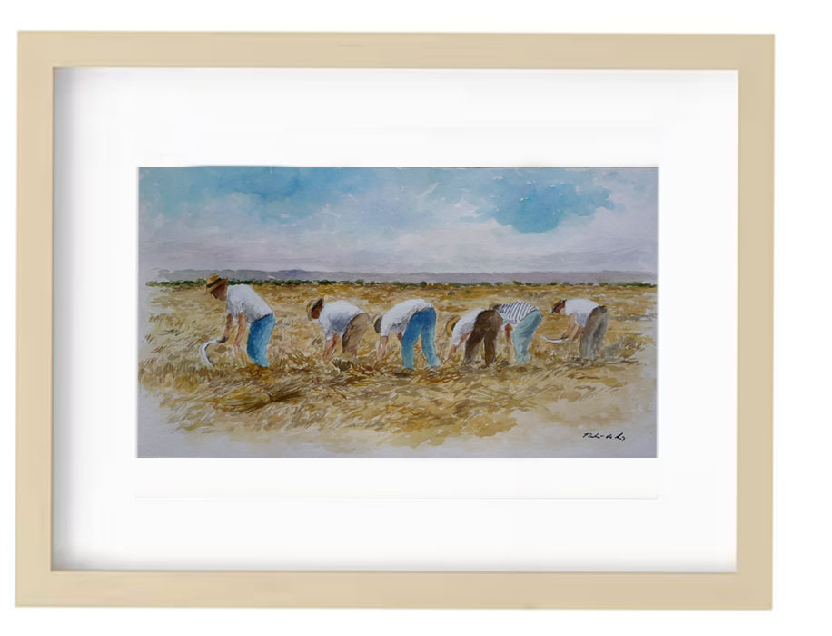 Cuadro en acuarela de unos segadores