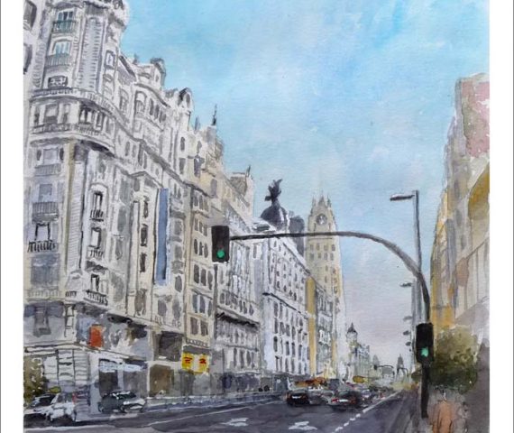 Acuarela de la Gran Vía de Madrid realizado por Rubén de Luis