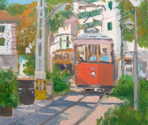 Cuadro al oleo del tranvía de Sóller, Mallorca