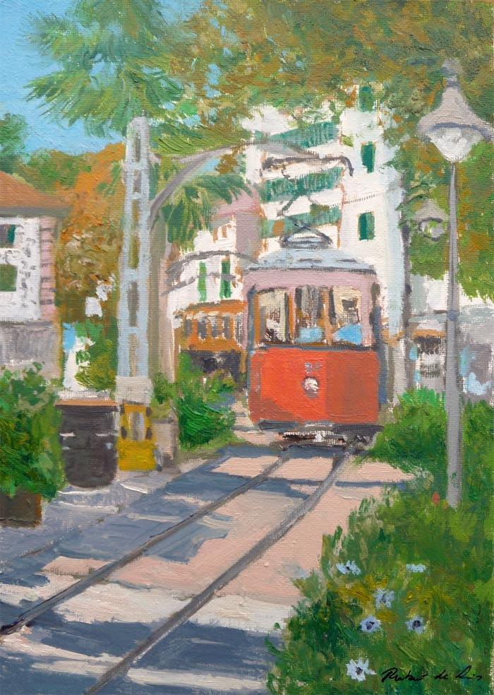 Título: El tranvía de Sóller, Mallorca
Medidas: 30x20 cms
Técnica: Oleo sobre lienzo
Precio: 125 euros
Envío: Gastos de envío GRATIS a toda España.
El envío adjunta un certificado de autenticidad de la obra firmado y sellado por el artista.Si desea realizar el encargo de un cuadro vendido o de otro tema a partir de una foto, puede escribir a: ruben@rubendeluis.com o llamar al 616 46 21 58 (también WhatsApp)
