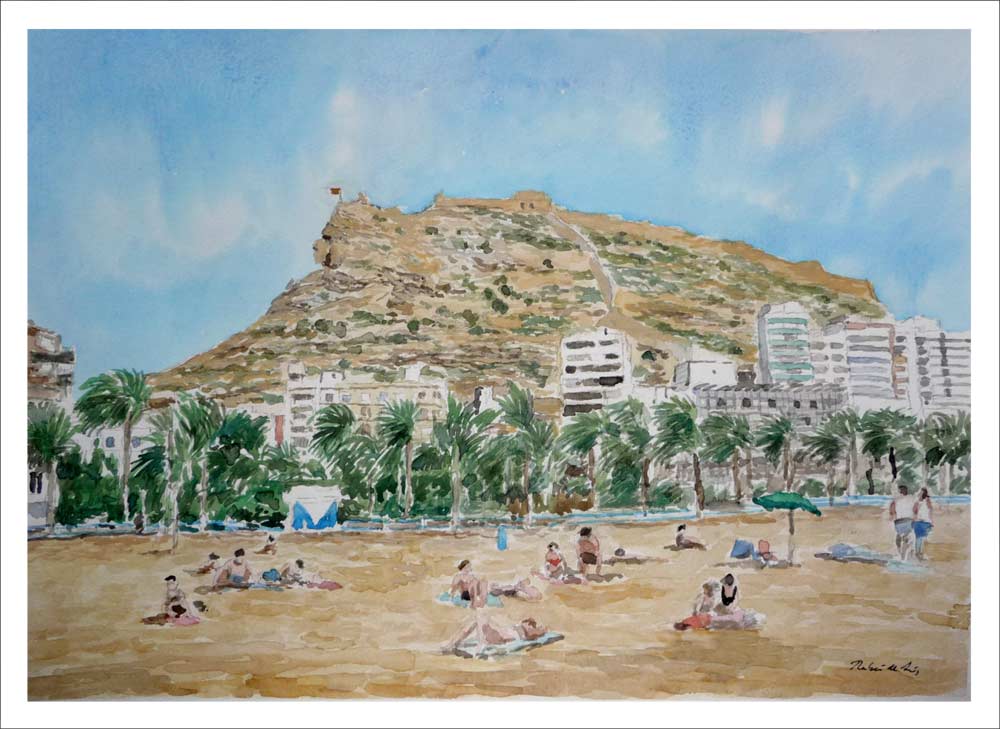 La playa del Postiguet en Alicante pintada en acuarela