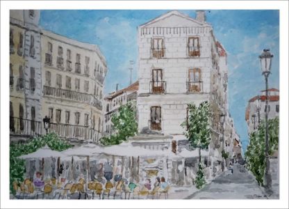 Acuarela de la calle Huertas en Madrid