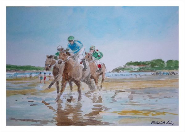 Acuarela del Derby en la playa de Loredo, Cantabria