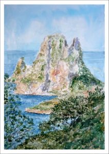 Acuarela de un paisaje de Es Vedrá, Ibiza