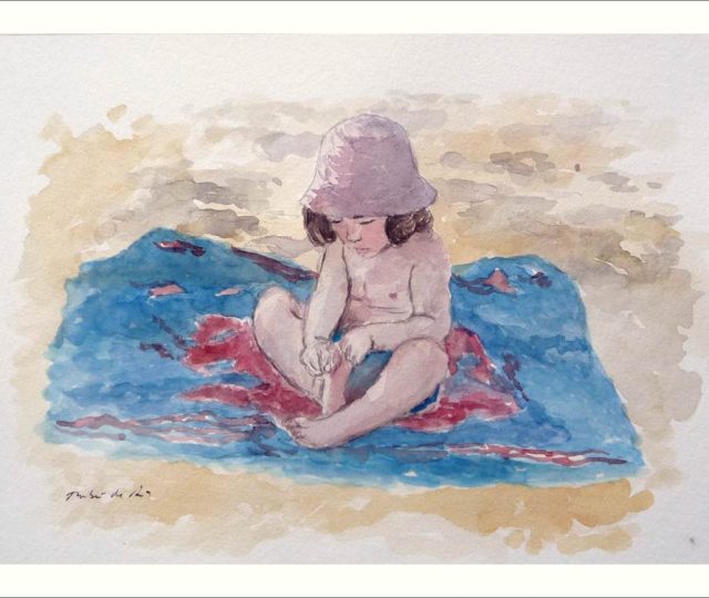 Acuarela de una niña en la playa pintada por Rubén de Luis a modo de retrato