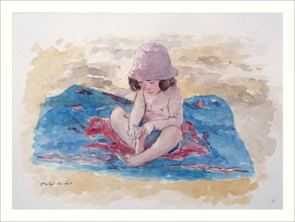Acuarela de una niña en la playa pintada por Rubén de Luis a modo de retrato