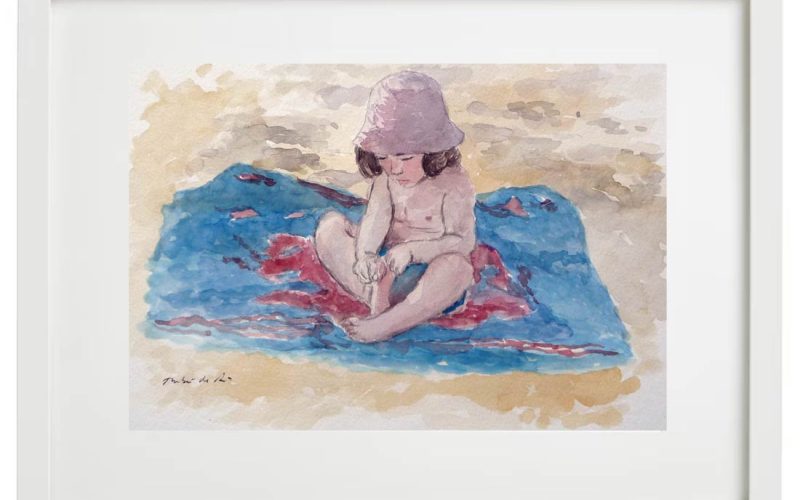Cuadro de una acuarela de un retrato de una niña en la playa jugando con una moldura en blanco.