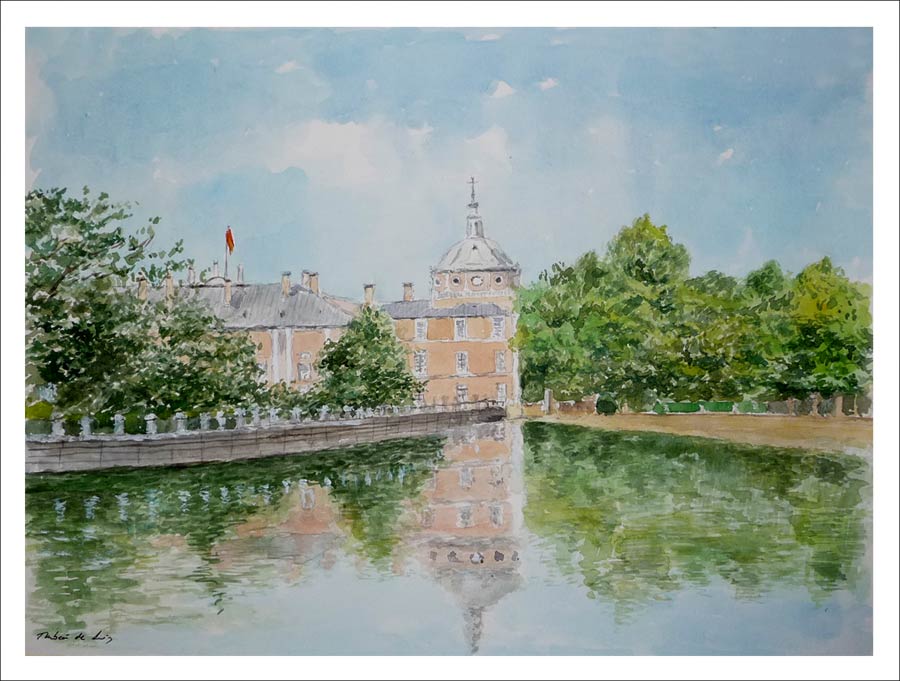 Acuarela del Palacio Real de Aranjuez junto al río Tajo pintada por Rubén de Luis para la serie de acuarelas de Madrid.