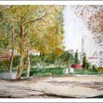 Acuarela de los alrededores de la Puerta del Rey en Madrid