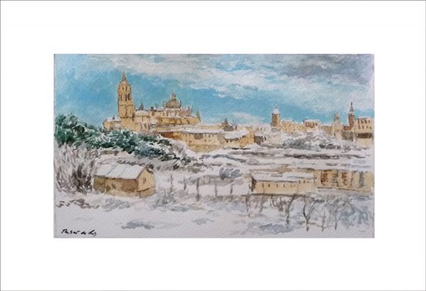 Cuadro en acuarela de un paisaje de Segovia nevado realizado por Rubén de Luis