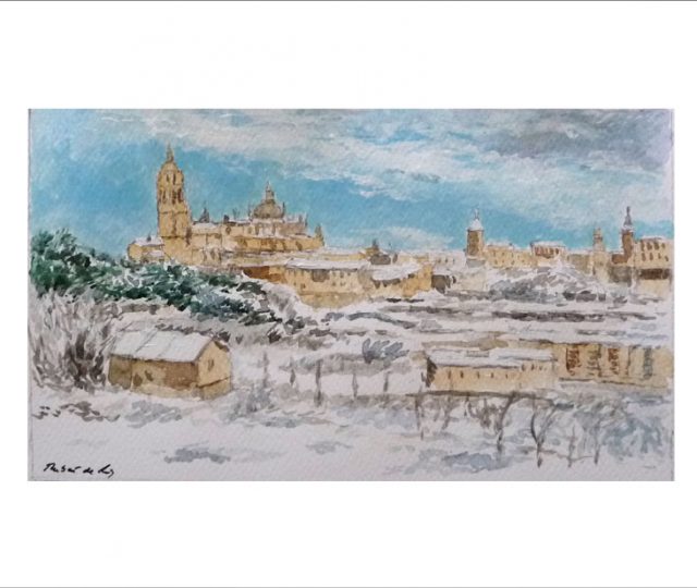 Cuadro en acuarela de un paisaje de Segovia nevado realizado por Rubén de Luis
