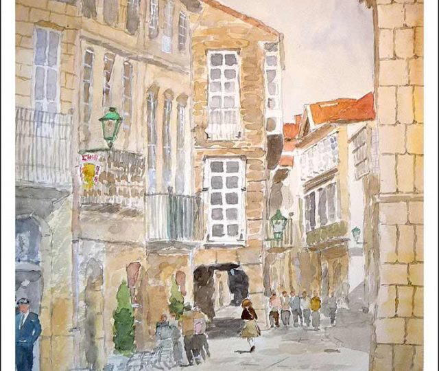 Acuarela de una calle de Santiago de Compostela