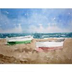 Acuarela de unas barcas en una playa de Valencia