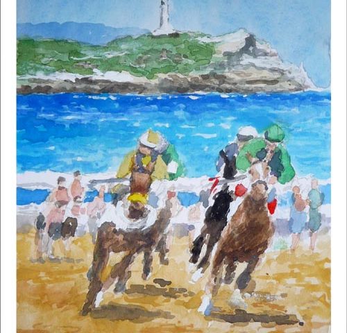 Acuarela de una carrera de caballos en la playa de Loredo, Cantabria