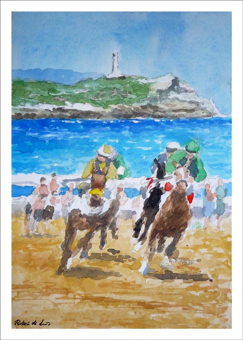 Acuarela de una carrera de caballos en la playa de Loredo, Cantabria