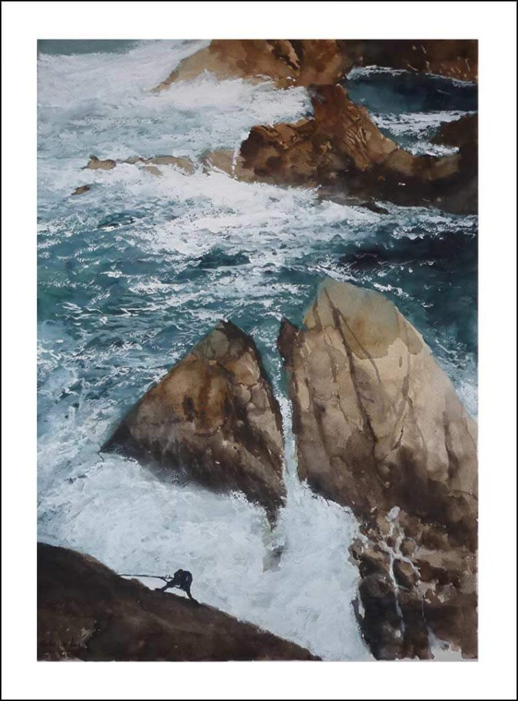 Acuarela de un percebeiro en Galicia