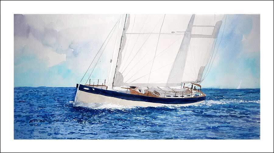 Marina en acuarela de un velero blanco navegando