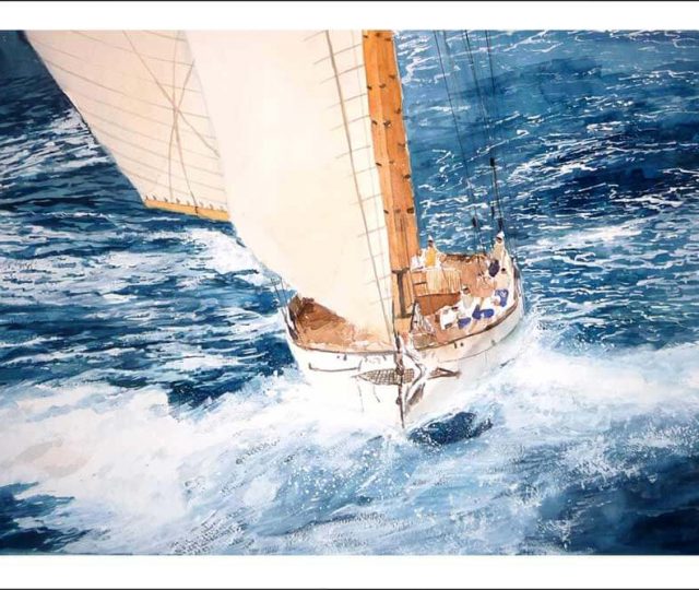 Acuarela de un velero en una regata