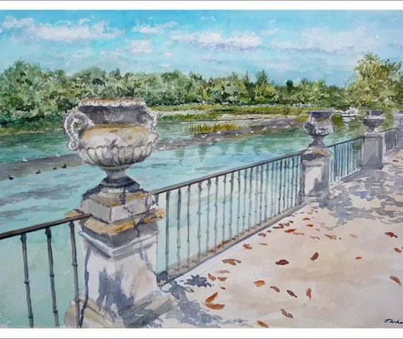 Acuarela de Aranjuez y el río Tajo pintada por Rubén de Luis