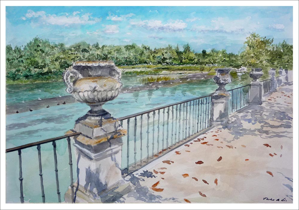 Acuarela de Aranjuez y el río Tajo pintada por Rubén de Luis