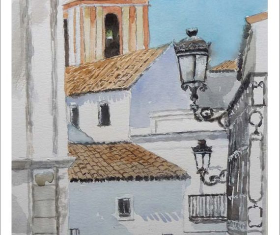 Acuarela de una calle de Tarifa del pintor Rubén de Luis