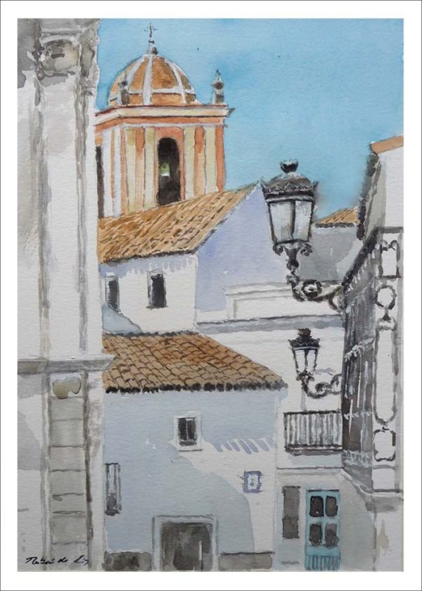 Acuarela de una calle de Tarifa del pintor Rubén de Luis