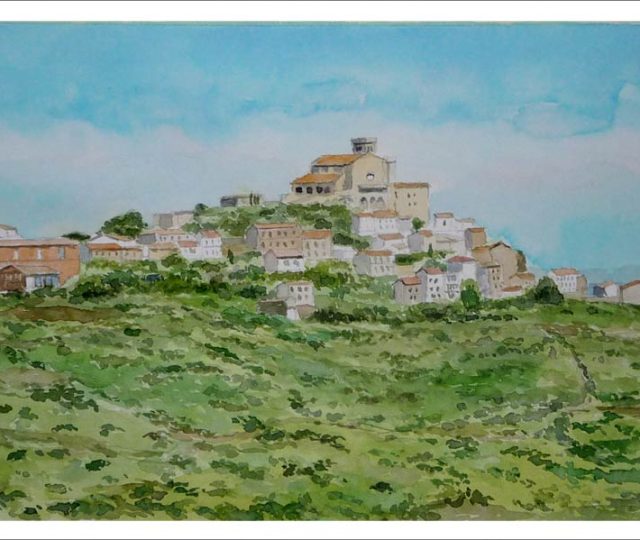 Acuarela de un paisaje de Ujué, Navarra, pintado por Rubén de Luis