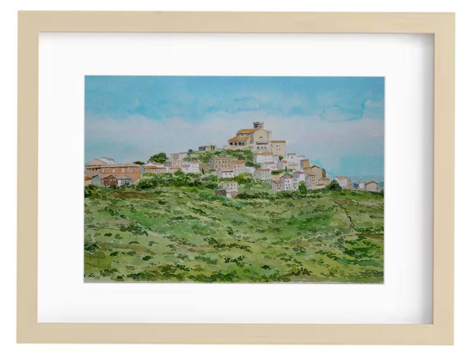 Cuadro en acuarela de un paisaje de Ujué, Navarra.