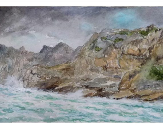Acuarela de la Cala Sant Vicenç en Mallorca realizada por el pintor Rubén de Luis