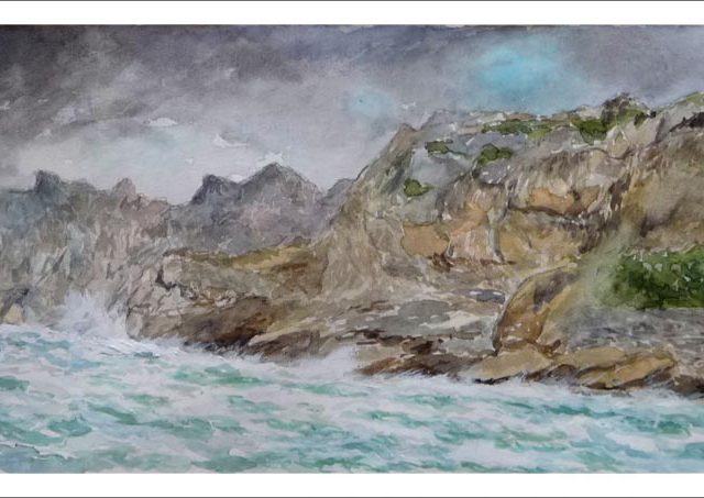 Acuarela de la Cala Sant Vicenç en Mallorca realizada por el pintor Rubén de Luis