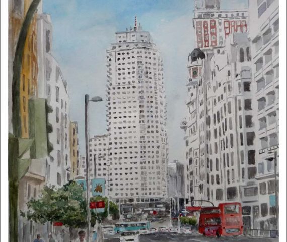 Acuarela de la Torre de Madrid desde la Gran Vía pintada por Rubén de Luis