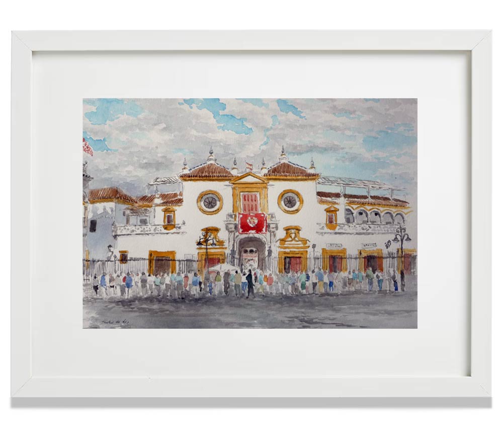 Cuadro enmarcado en blanco de la plaza de la Maestranza de Sevilla